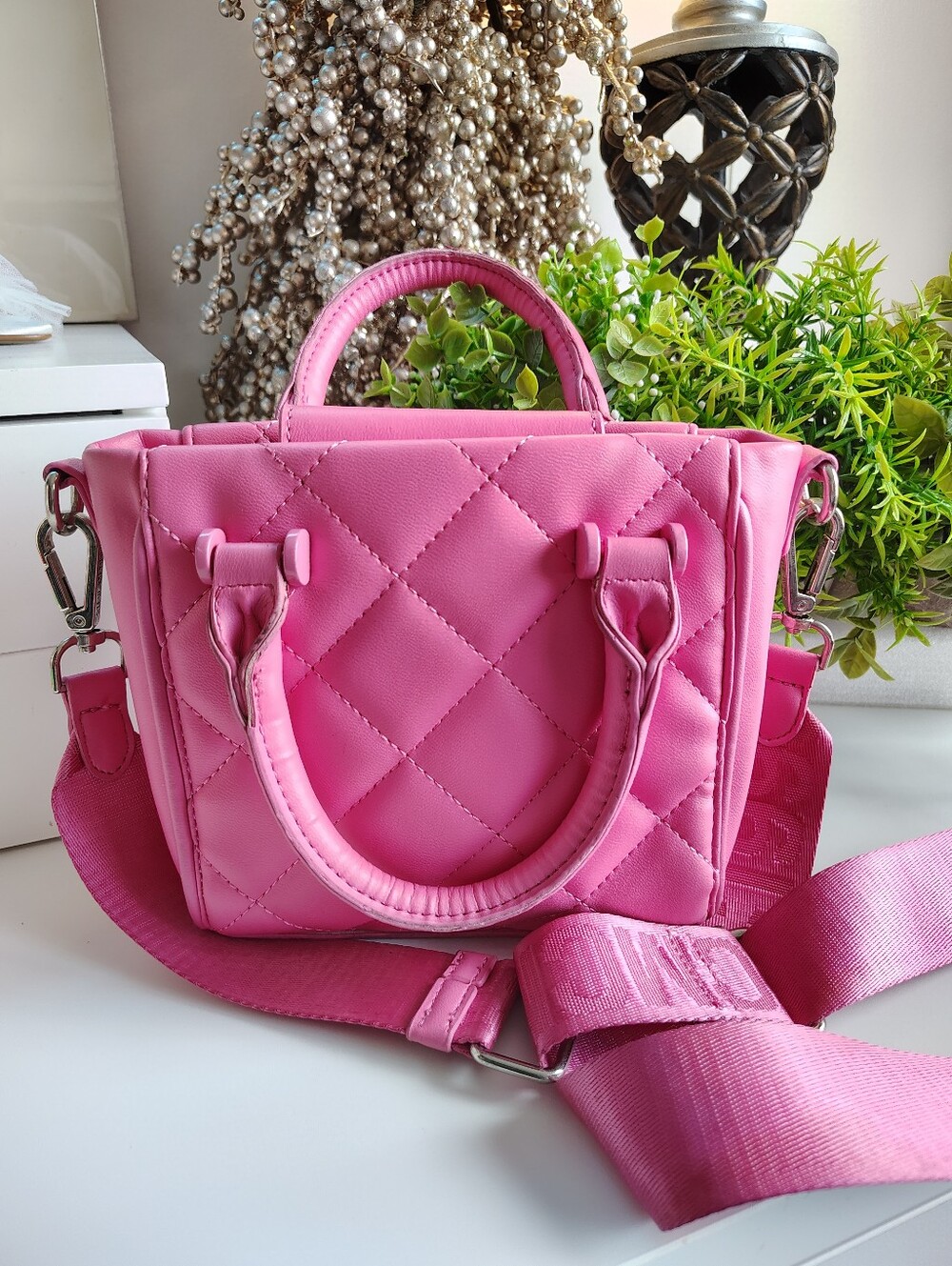 Steve Madden Pink Quilted Mini Tote Crossbody Bag Hot Pink - Picture 8 of 9